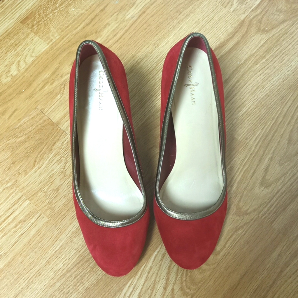 Cole Haan Edie High Party Pump Red Suede/ Gold MT
